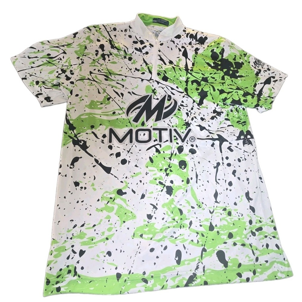 Motiv Bowling Jersey Men's 2XL Lime Green Paint Splatter Mint Sportswear 1/4 Zip